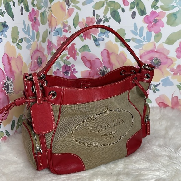💯Authentic PRADA Jacquard Logo Hobo Corda Rosso🍀